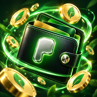 PonsCash black and green digital wallet surrounded by gold tokens
